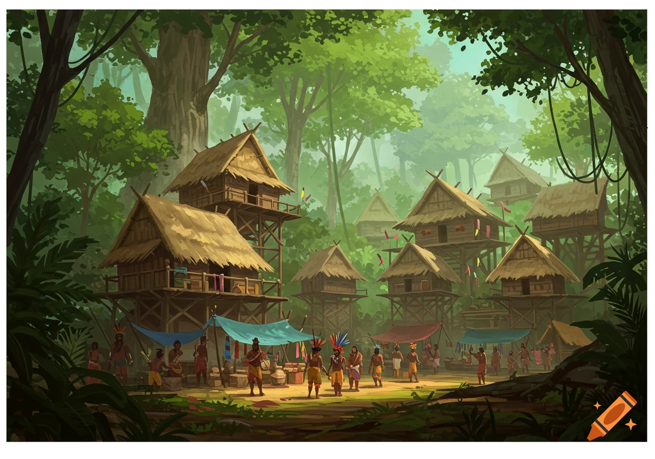 A vibrant, stylized illustration of a rainforest village with stilt houses and a bustling market. People gather among colorful stalls.