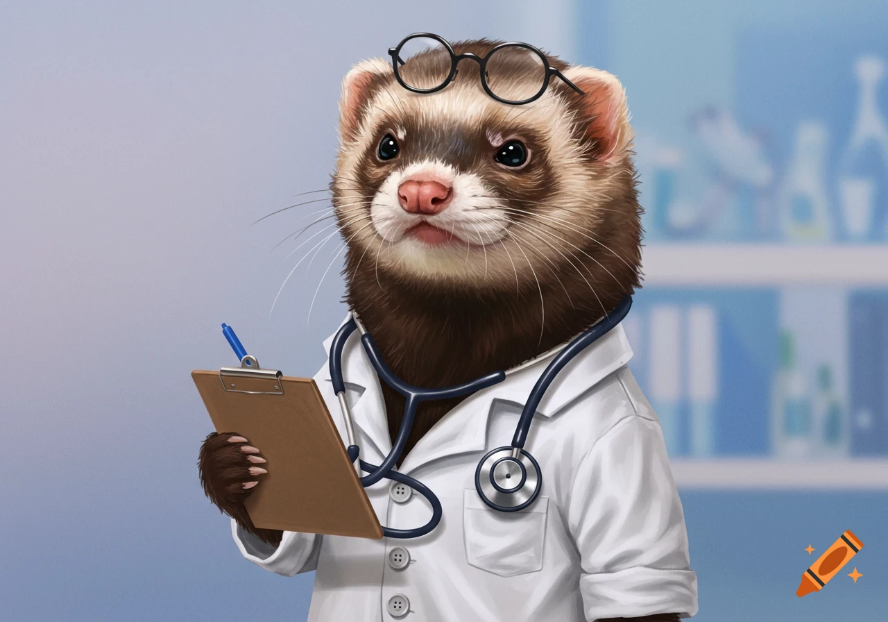 A ferret doctor wearing a white lab coat and stethoscope holds a clipboard and pen in a medical office.