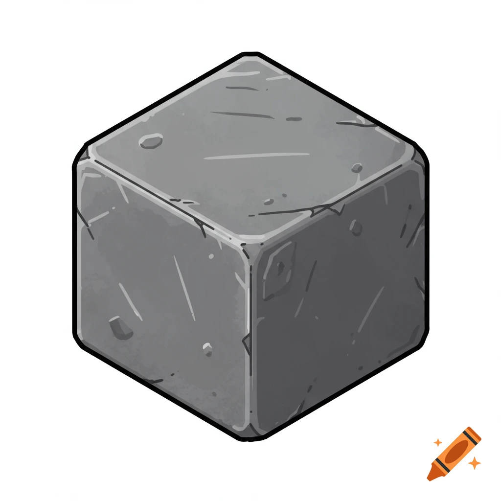 Isometric cartoon illustration of a gray stone block with cracks and rough texture.