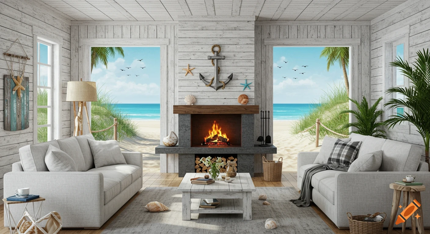 A cozy beach house living room with white couches, a fireplace, and large windows offering a clear view of a sandy beach and blue ocean.