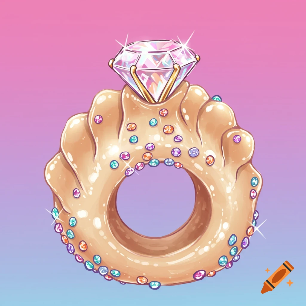 An illustration of a shiny diamond ring with a large multi-faceted gem, set on a donut adorned with colorful sprinkles.