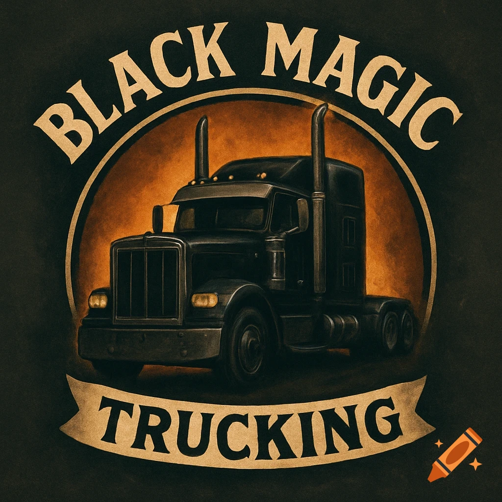A vintage-style logo featuring a black semi-truck inside an orange circle, with 'BLACK MAGIC' arched above and 'TRUCKING' on a banner below.