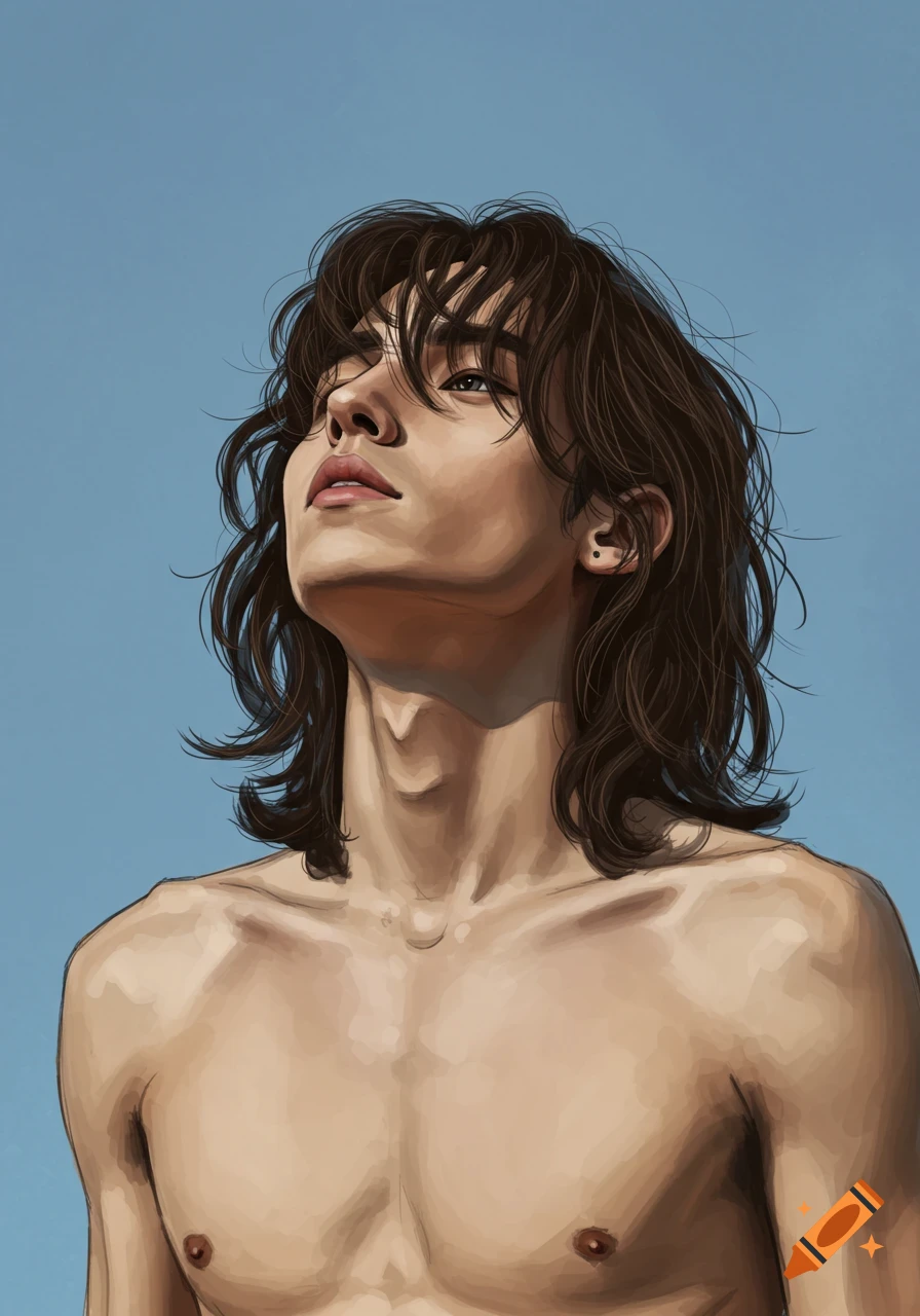Digital painting of a man with long brown hair, shirtless, looking upwards against a blue sky.