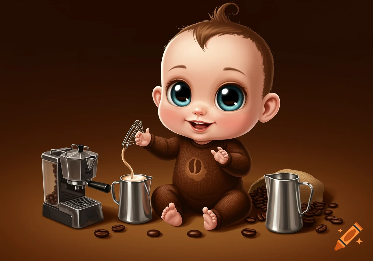Cute cartoon baby in a brown onesie, holding a whisk over a milk frother, surrounded by coffee beans and a moka pot.