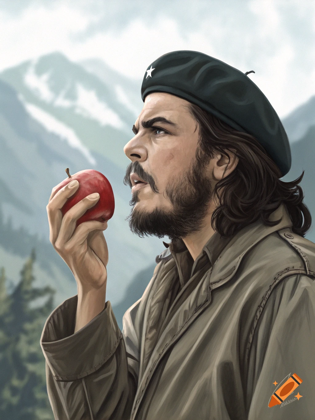 Illustration of Che Guevara holding a red apple, with mountains in the background.
