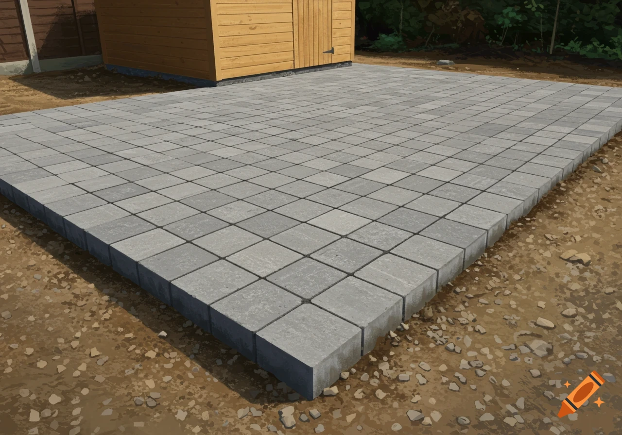 Leveled gray paver stones laid on flat ground, forming a foundation next to a small wooden shed in a realistic outdoor scene.