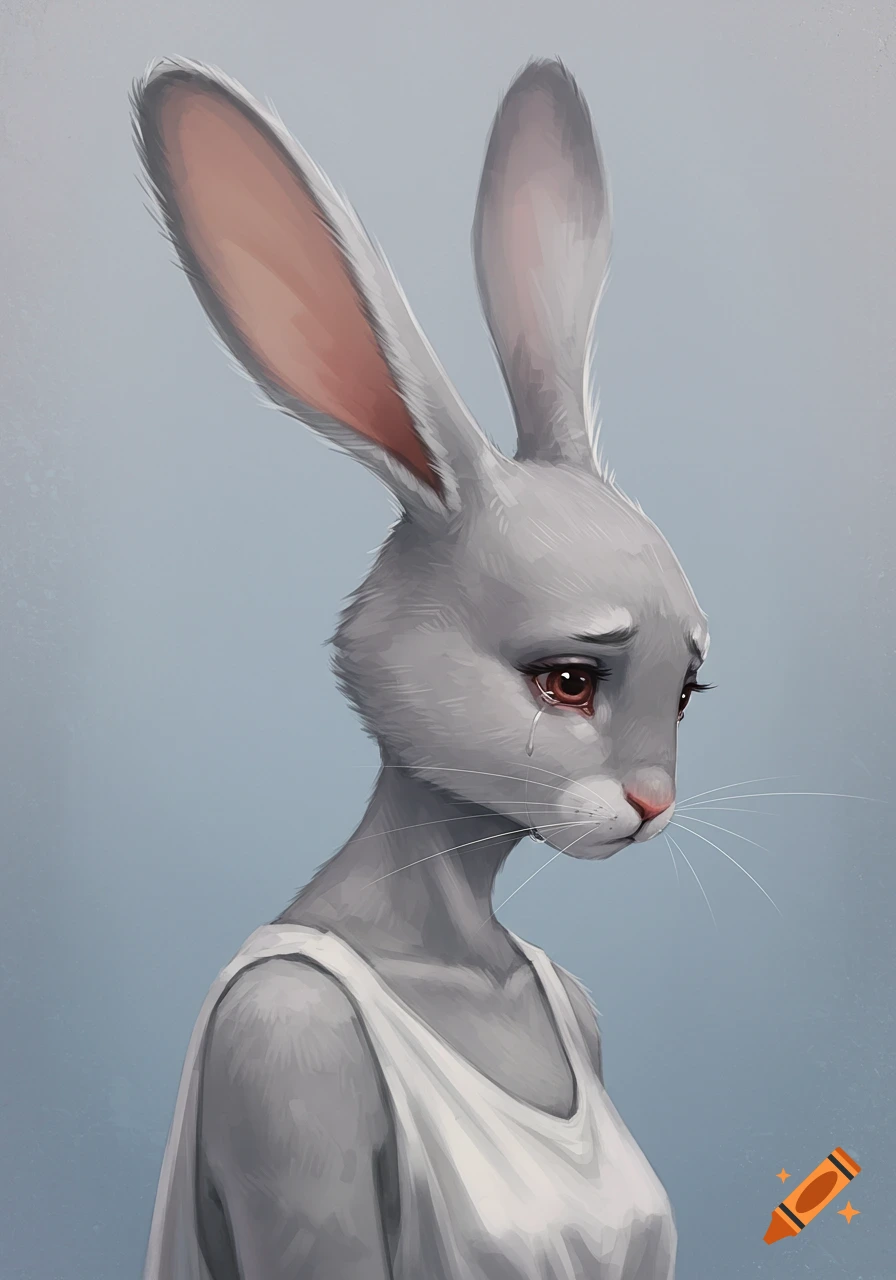 Digital painting of a sad anthropomorphic grey rabbit woman with large ears and tears, looking down.