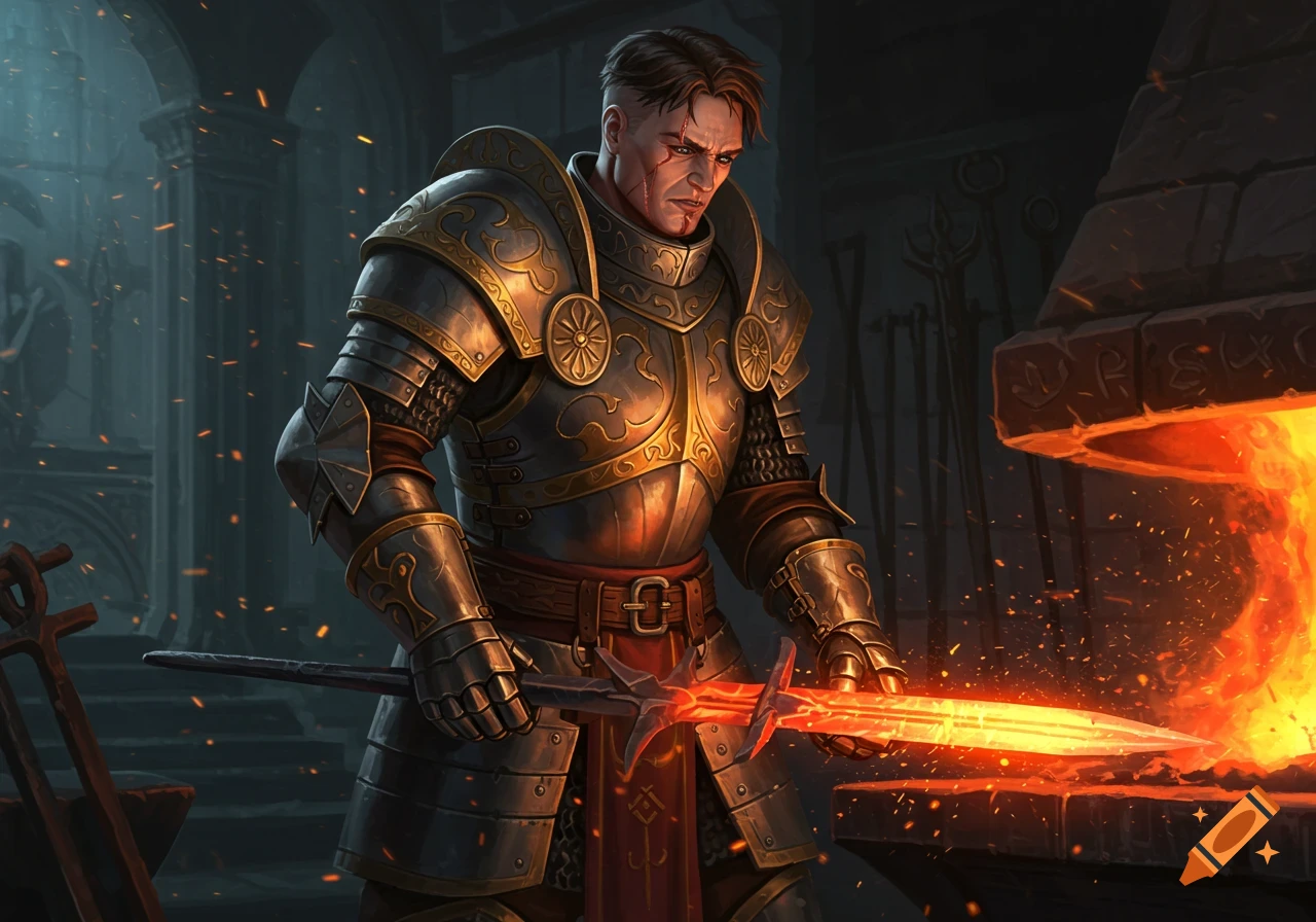 A determined armored warrior forges a glowing sword in a dark, fiery blacksmith's forge.