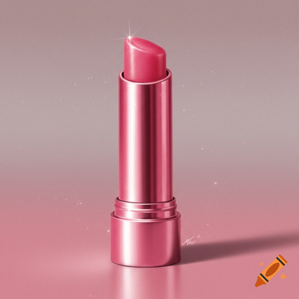 A close-up, photorealistic image of a shiny pink lipstick with a sparkle on the tip.