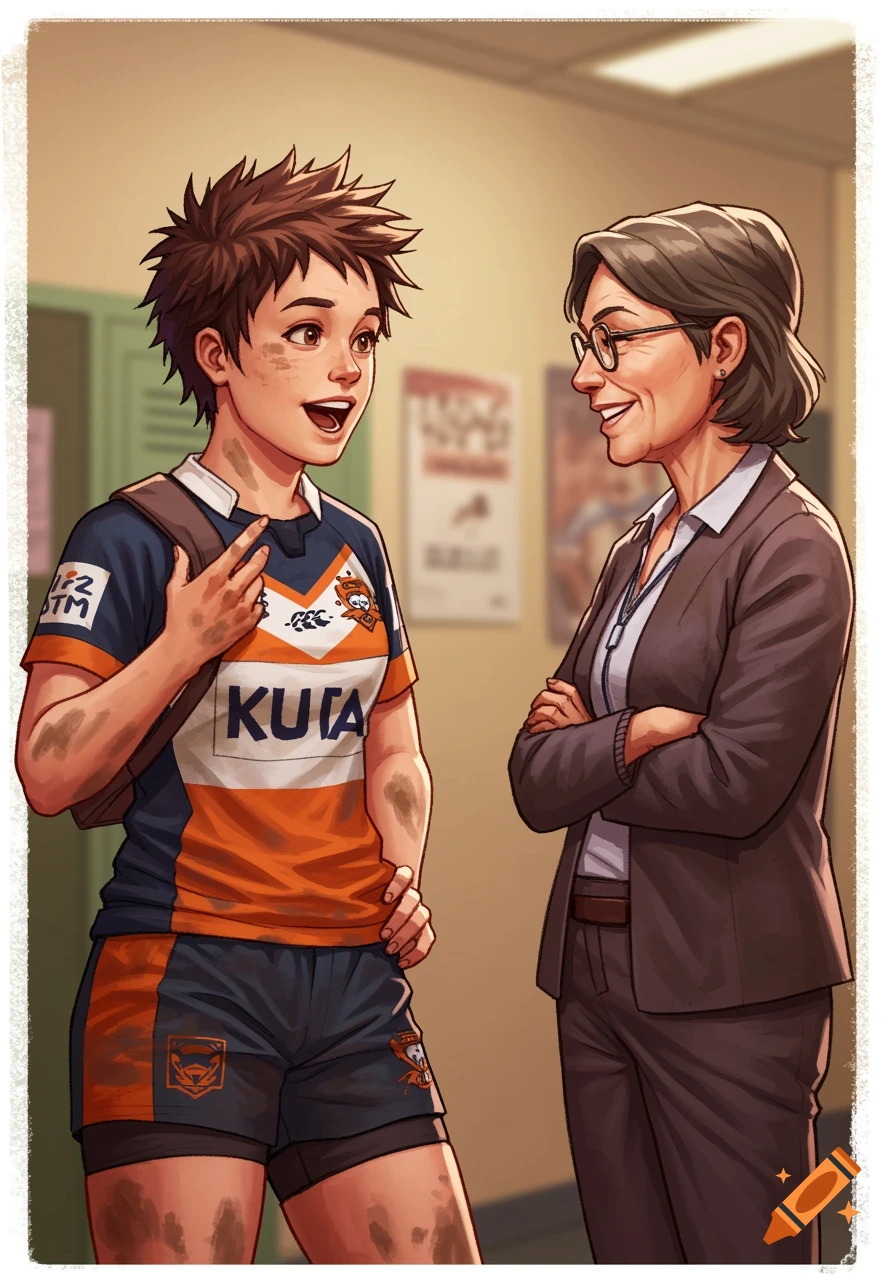 A young female rugby player, covered in dirt, talks animatedly with her female teacher in a school hallway, in a detailed illustration.
