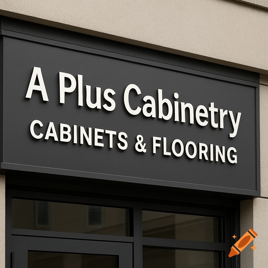 A dark gray storefront sign with white 3D text 'A Plus Cabinetry' and 'CABINETS & FLOORING'.