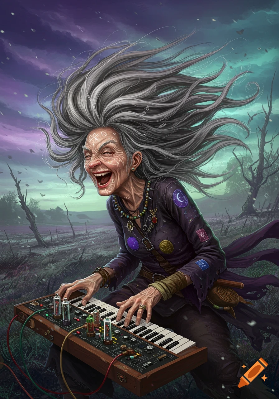 An old witch with wild gray hair and a joyous expression plays a vintage synthesizer in a windy, mystical field.