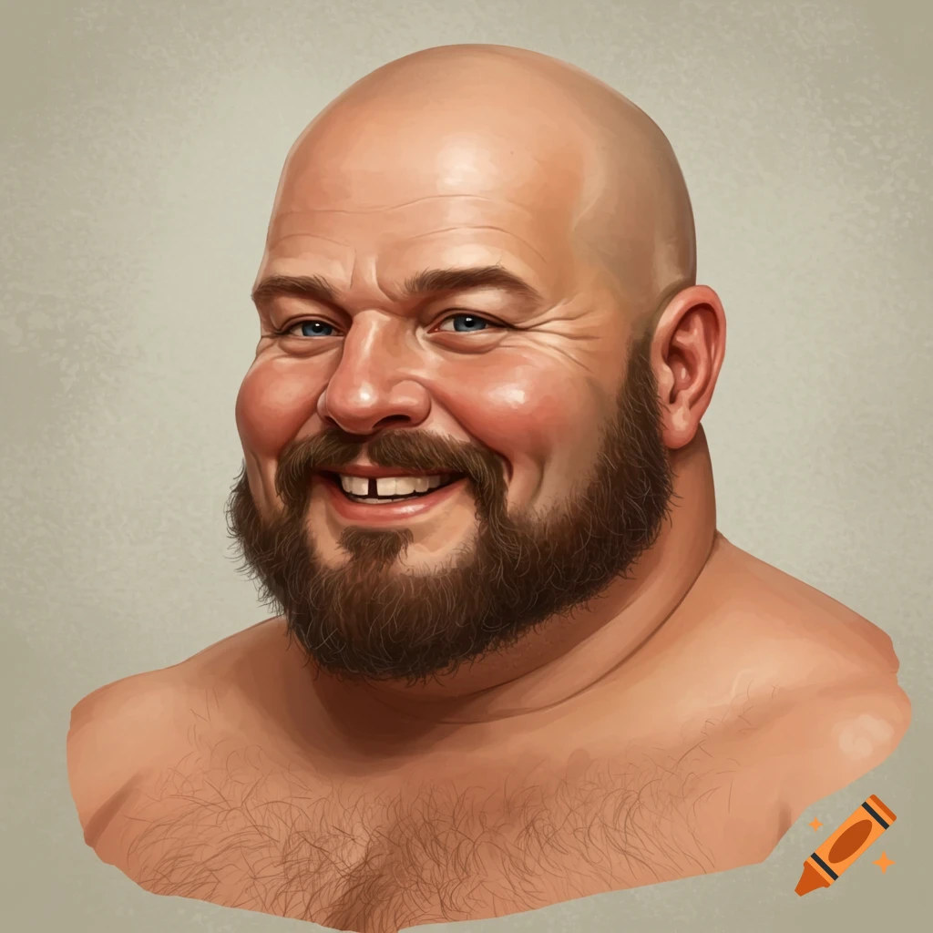 Digital painting of a smiling, bald, bearded man with a gap in his front teeth, looking directly at the viewer.