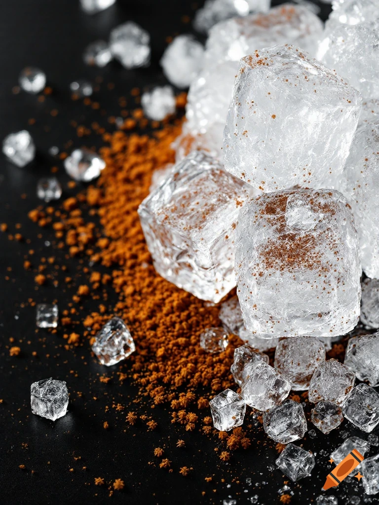 Photorealistic close-up of clear ice cubes mixed with brown granular spice or sugar on a dark surface.
