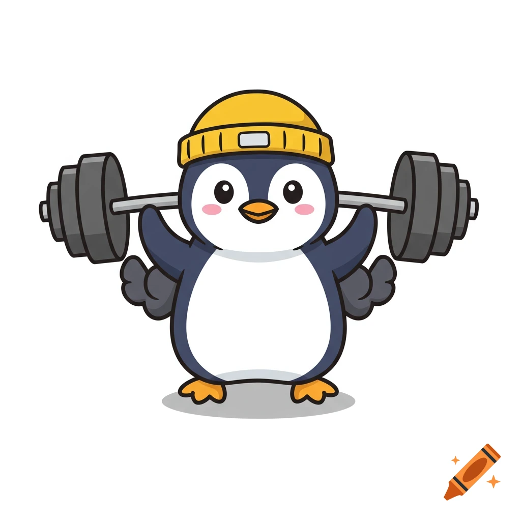 A cute cartoon penguin wearing a yellow beanie lifts a heavy barbell on a white background.