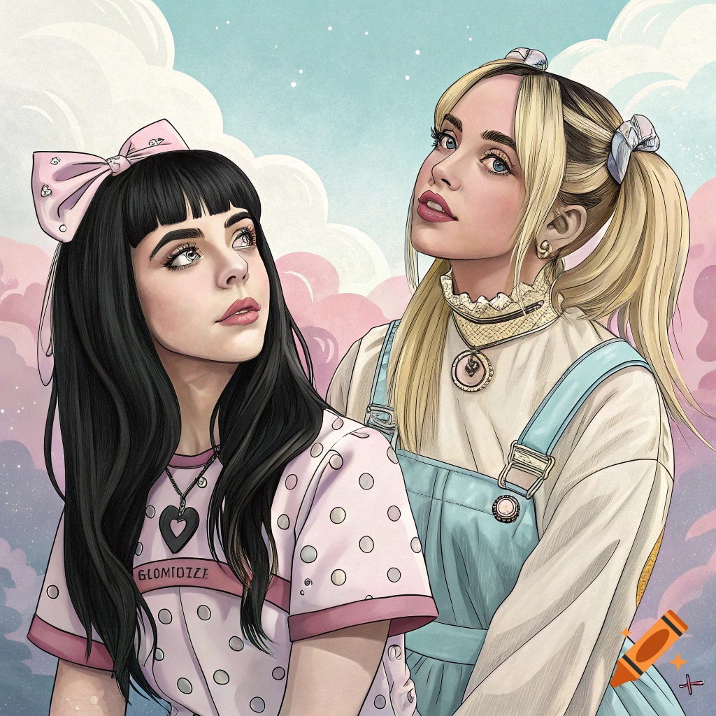 Stylized illustration of two young women against a pink and blue sky, one with dark hair and a pink bow, the other with blonde pigtails and blue overalls.