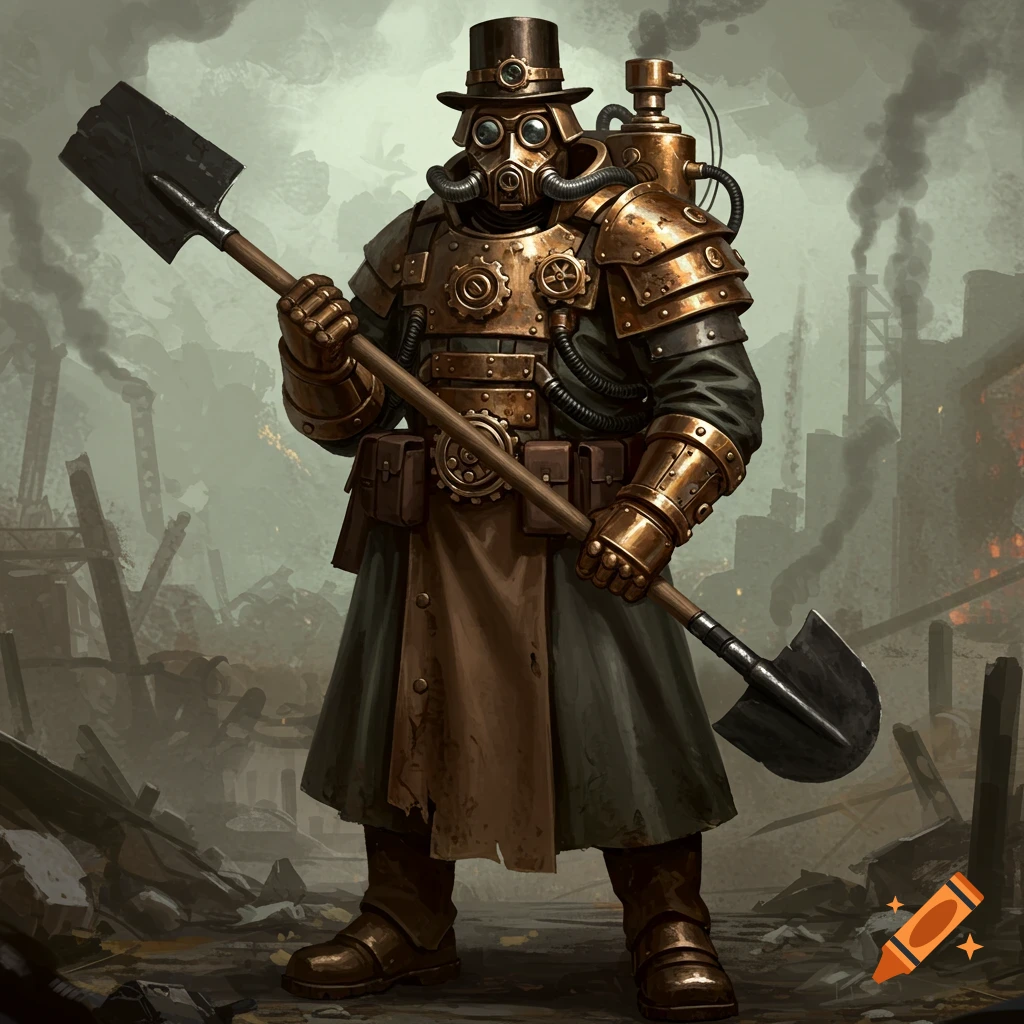 A steampunk-armored character in a gas mask and top hat holds a spade in a desolate, smoky industrial setting.