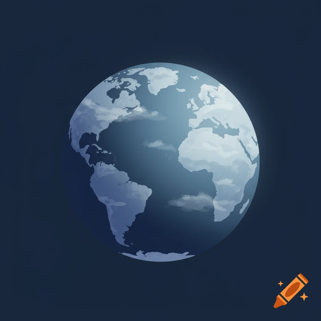 A stylized globe of Earth showing continents and clouds in blue and white tones against a dark background.