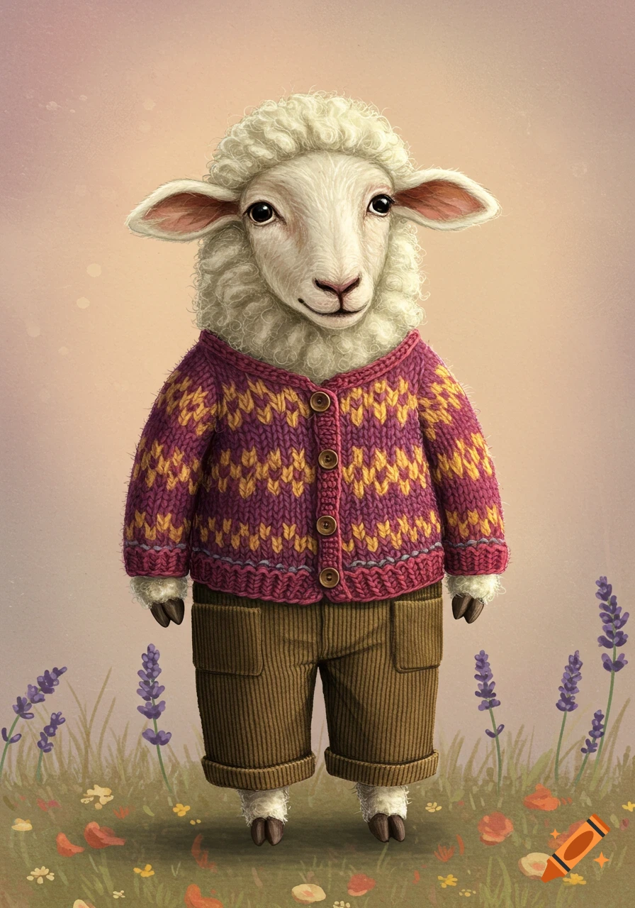 An anthropomorphic sheep in a purple and yellow knitted cardigan and brown pants stands in a field of lavender. Illustrated style.