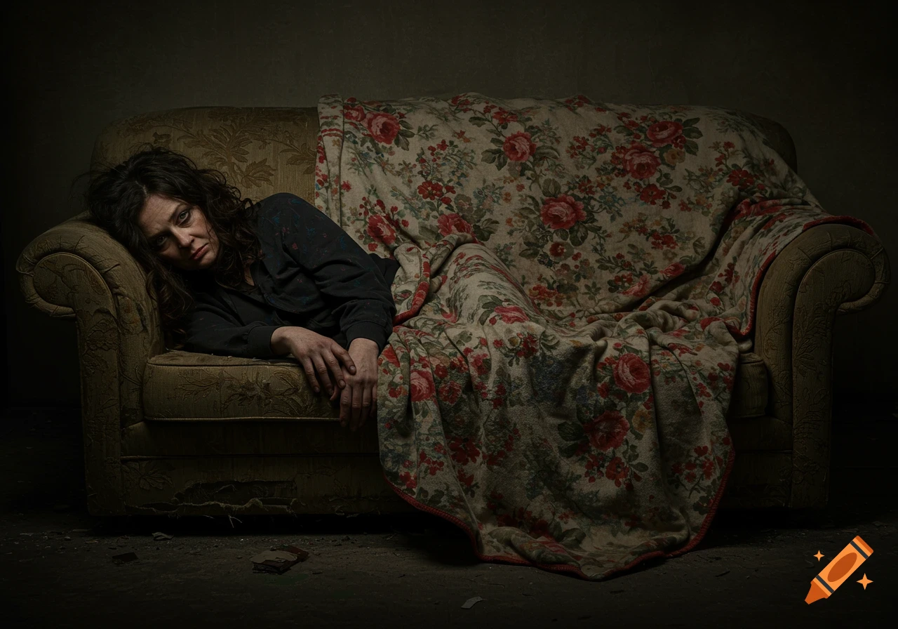 A weary woman lies on a dilapidated floral couch in a dimly lit, gritty room.