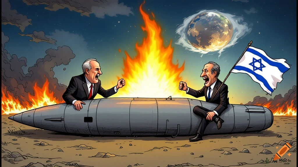 Cartoon of two angry men, one holding an Israeli flag, sitting on a large missile with a burning planet in the background, stylized as a political meme.