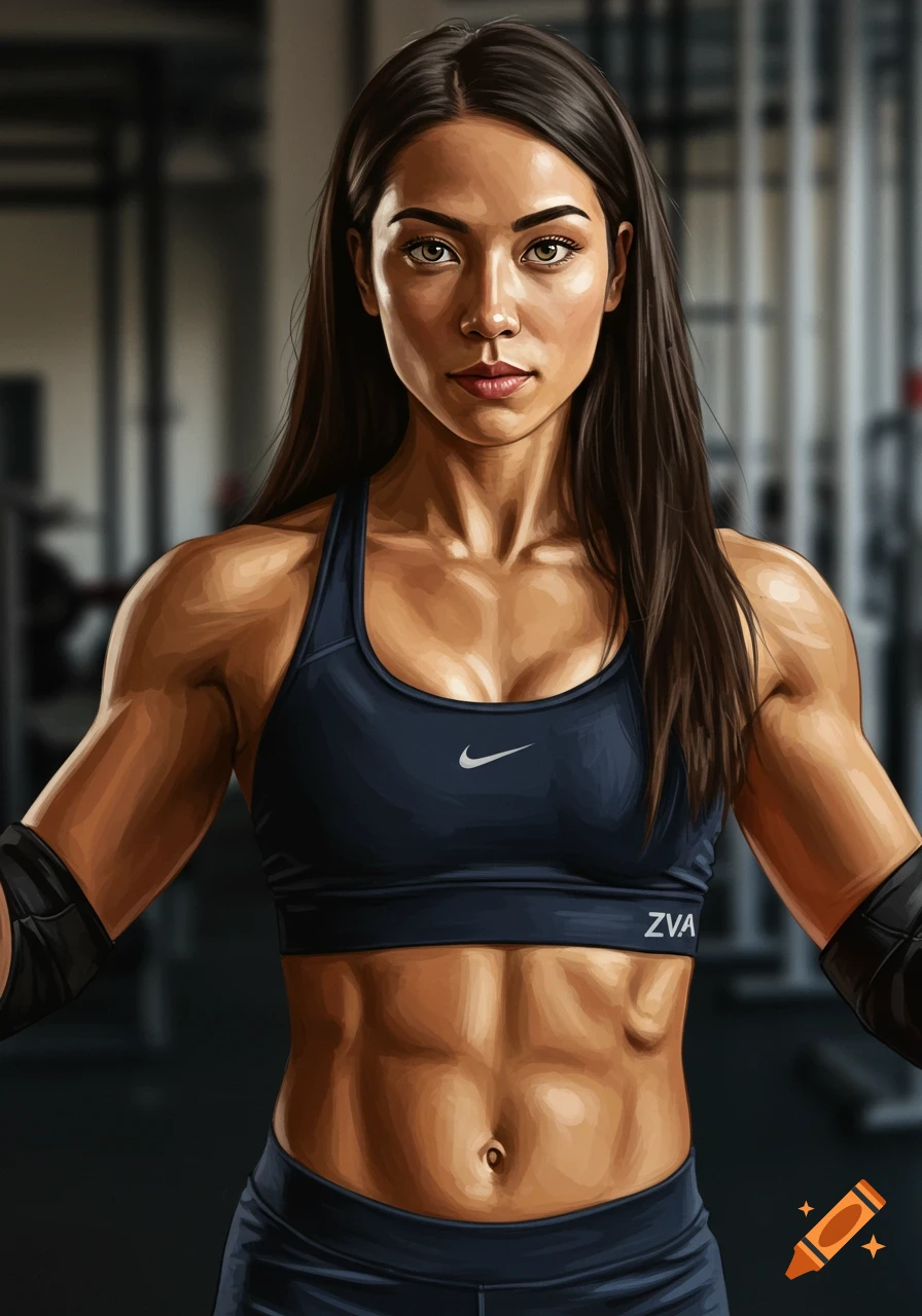 Muscular mixed-race woman with long dark hair and hazel eyes in a dark blue sports bra and leggings, standing in a gym, digital illustration.