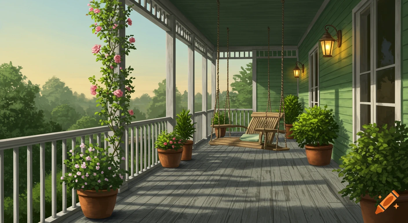A serene green verandah with a wooden porch swing, potted plants, and climbing roses, overlooking a lush landscape at sunset.