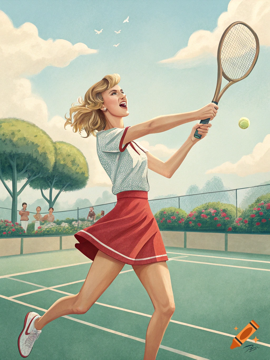 A woman with blonde hair in a red skirt and white shirt plays tennis on a court with spectators and trees. Vintage illustration style.