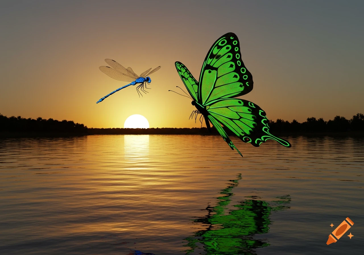 A neon green butterfly and a blue dragonfly fly over still water during sunset.