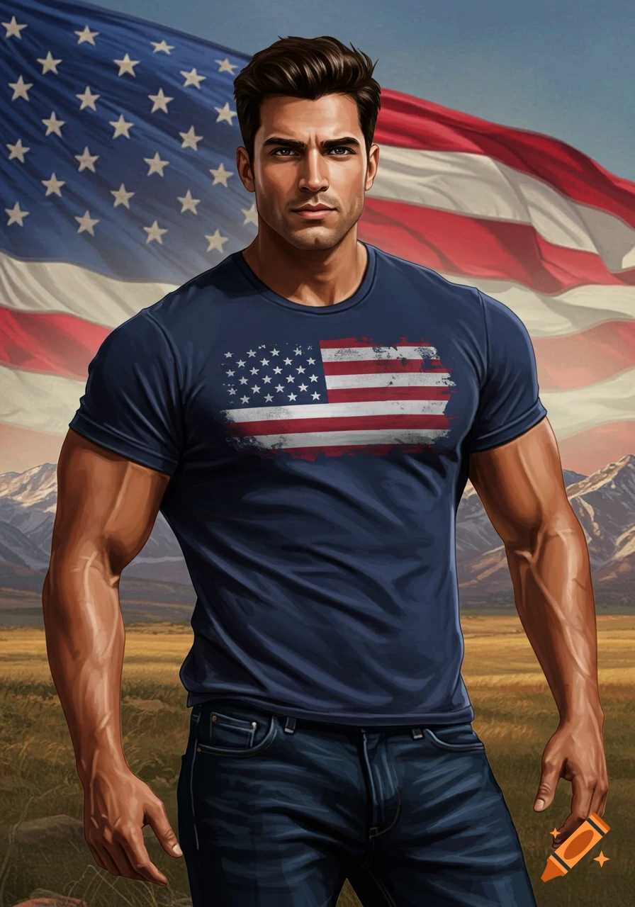 A muscular man in a distressed American flag t-shirt stands in a field with mountains, a large US flag behind him.