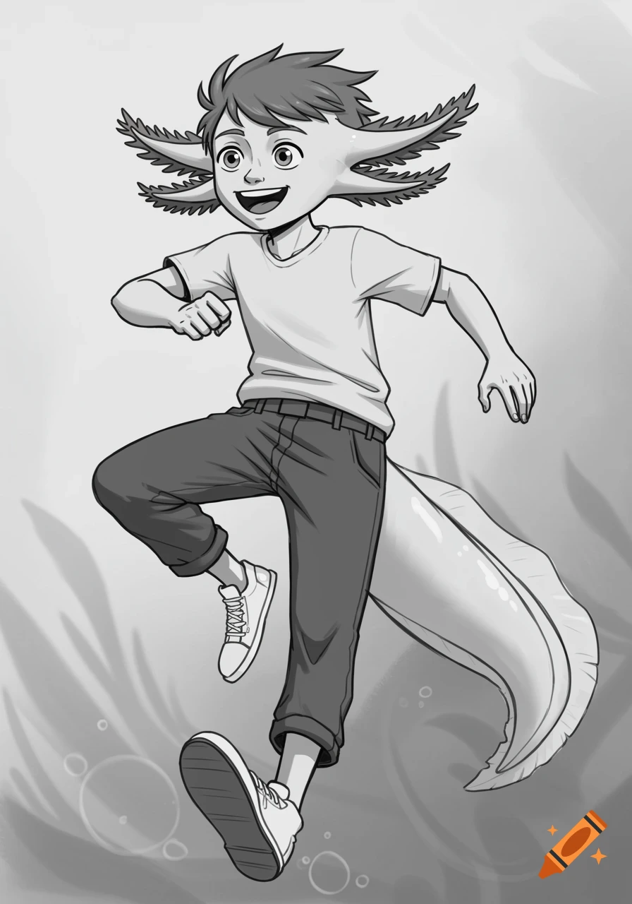 A monochrome anime-style illustration of an axolotl-human boy with gills around his head and a long tail, leaping in an underwater scene with bubbles.