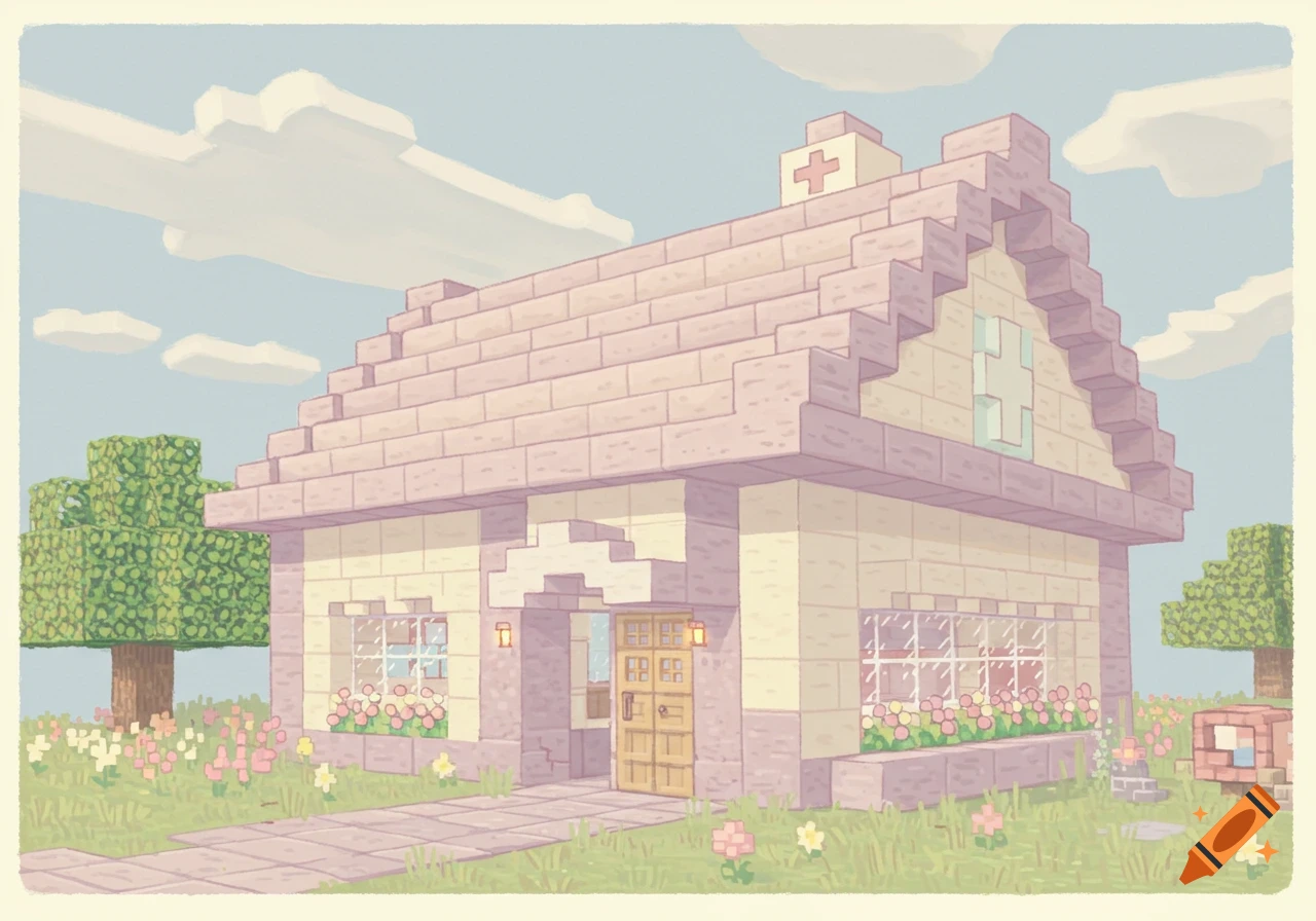 A pastel, blocky Minecraft-style doctor's office with a red cross on the roof, flowers, and trees.
