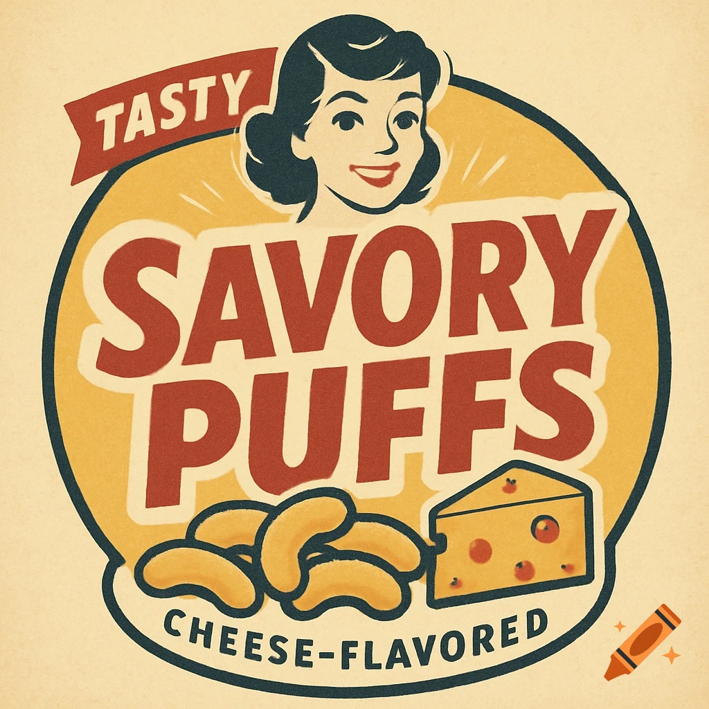 Retro logo for 'Savory Puffs' with a woman, 'Tasty' banner, cheese puffs, and a cheese slice in a 1950s style.