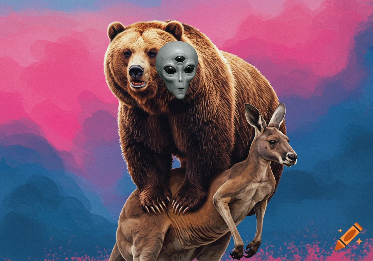 A brown bear with a gray three-eyed alien head stands on the back of a brown kangaroo against a vibrant pink and blue painted background.