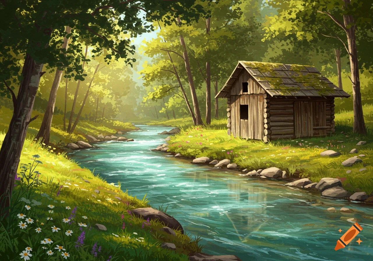An illustrative painting of a rustic wooden cabin by a flowing river in a lush, sunlit forest.