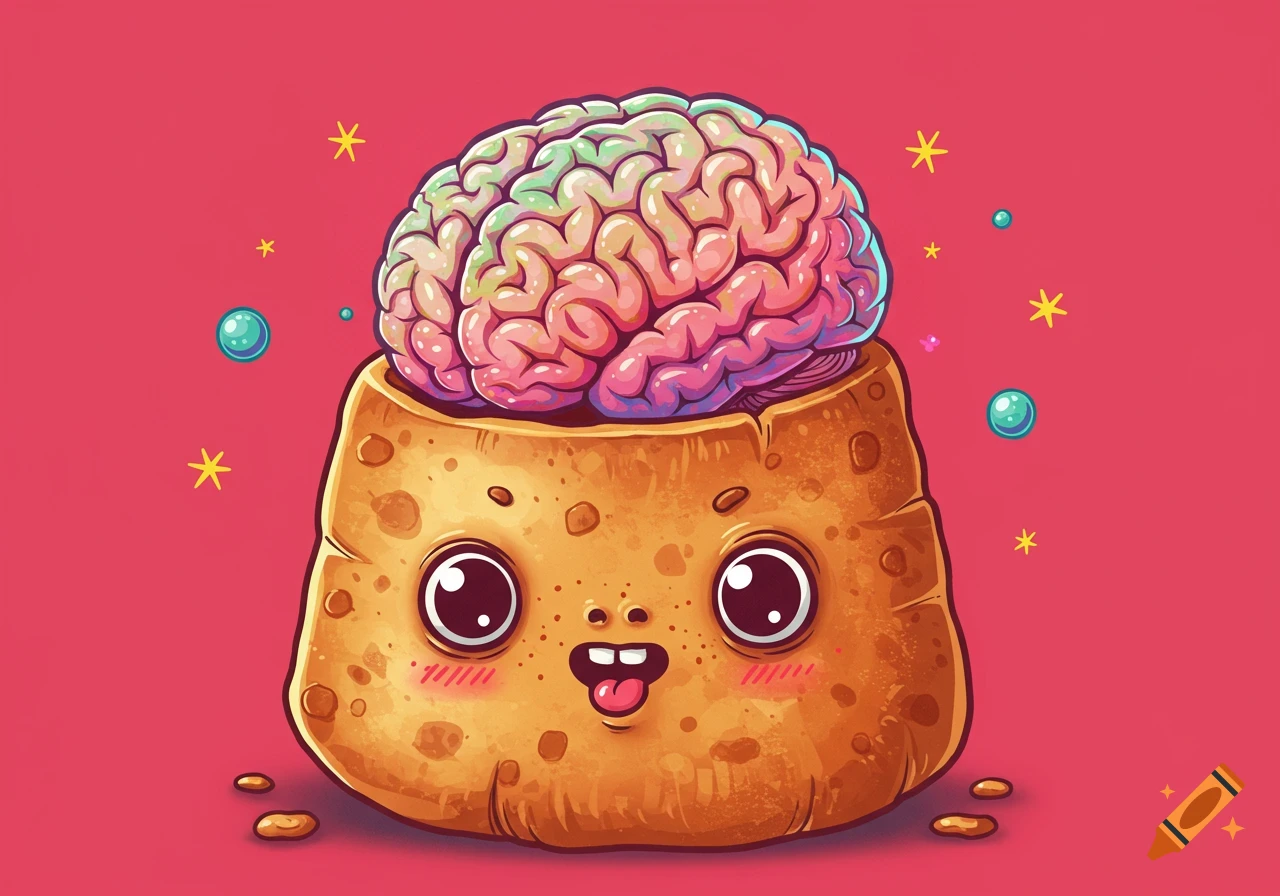 A cute, cartoon Yorkshire pudding character with big eyes, an open mouth, blush, and a large, colorful brain, on a pink background.