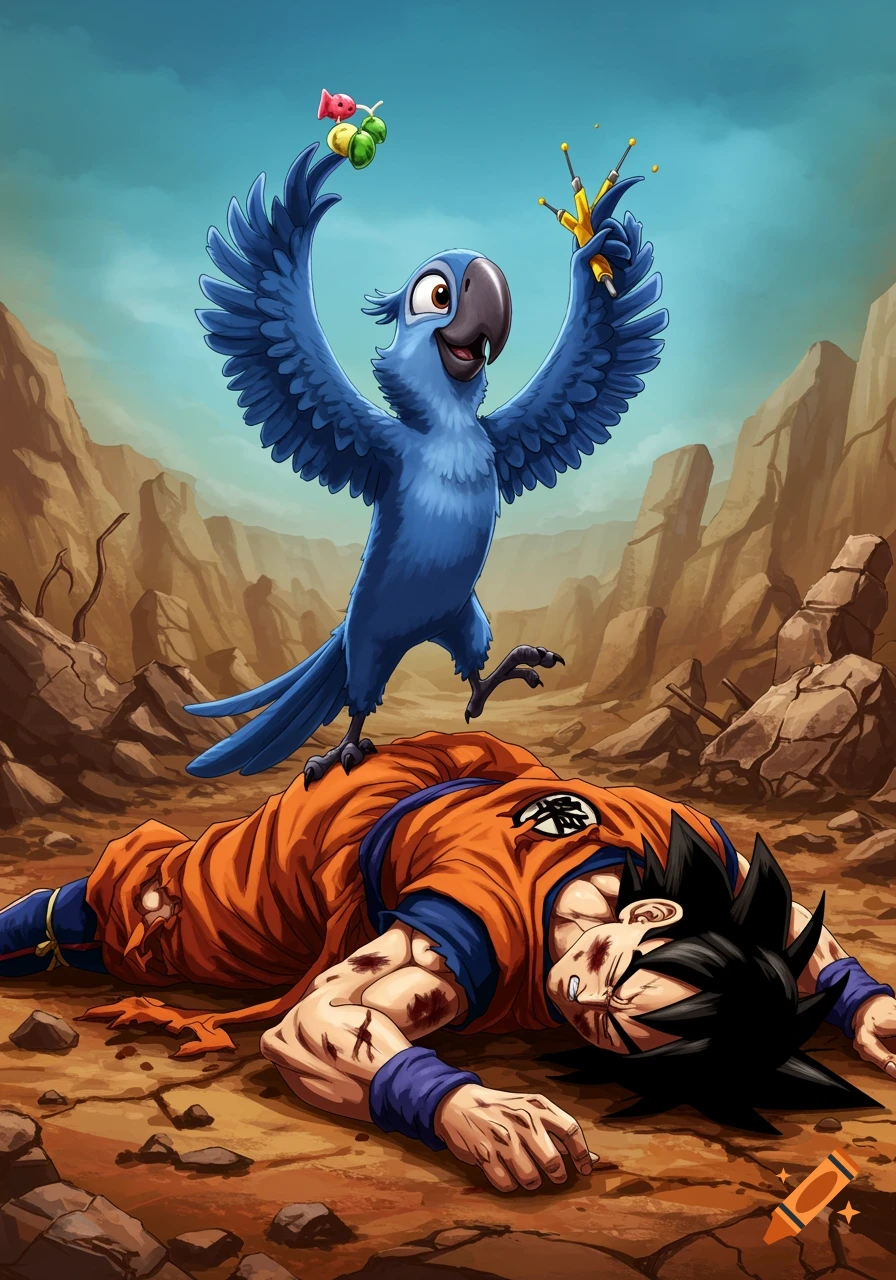 A blue macaw from Rio stands triumphantly on a defeated, injured Goku in a rocky, barren landscape, in a cartoon style.