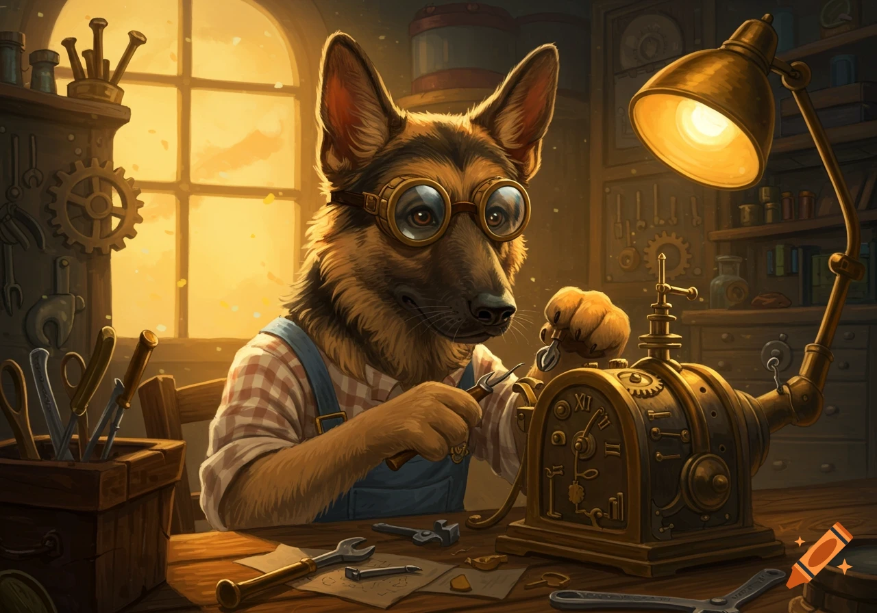 A German Shepherd in goggles and overalls works on an intricate brass machine in a sunlit workshop.