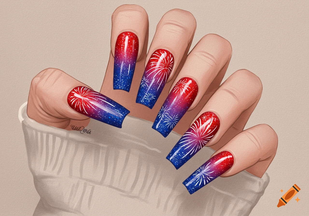 A hand with long, coffin-shaped nails painted with red and blue ombre, white firework designs, and sparkles. The hand rests on a white sleeve.