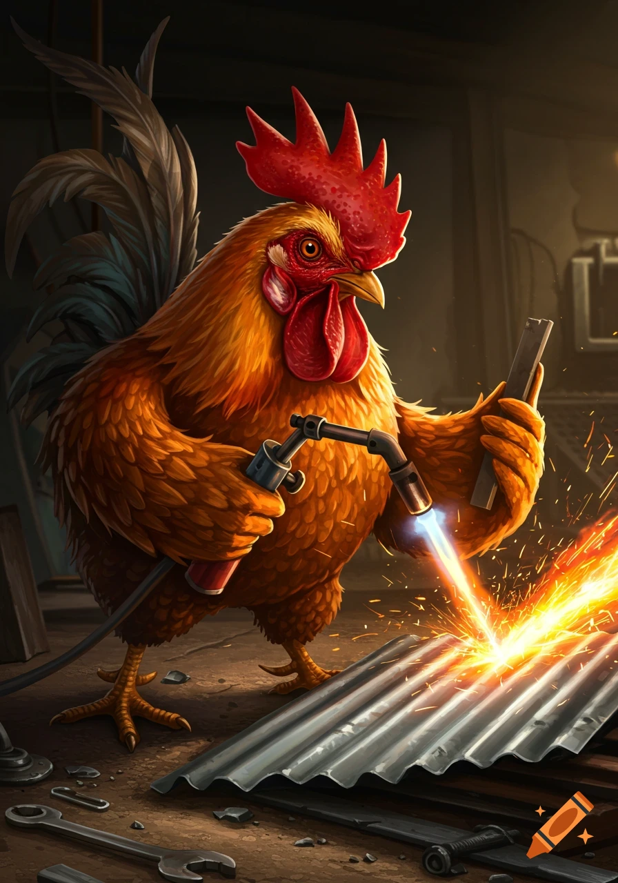 A detailed illustration of an anthropomorphic rooster cutting metal with a blow torch, sparks flying.