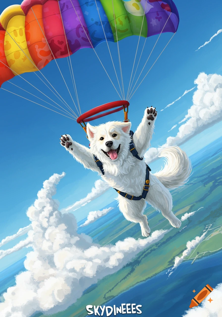 A happy white dog with a harness and a colorful parachute skydiving above clouds and land.