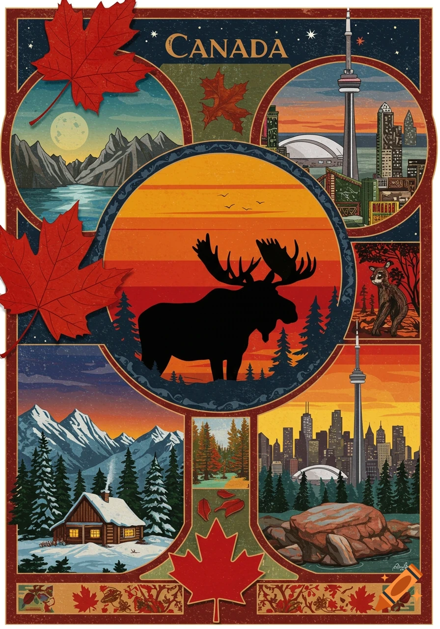 Vintage travel poster collage of Canadian scenes: moose, mountains, lakes, cabin, Toronto skyline with CN Tower, bear, and maple leaves.