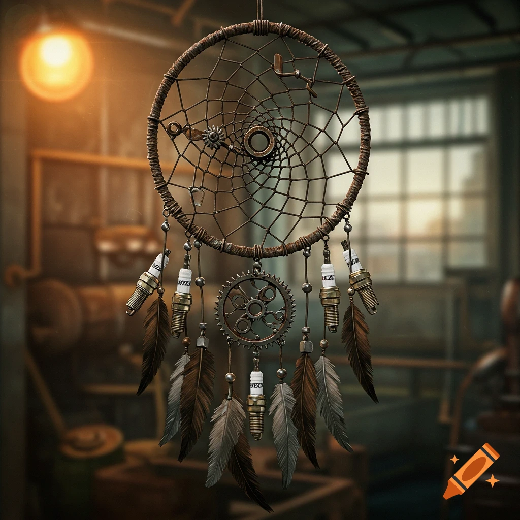 An industrial steampunk dreamcatcher made of rusty wires and gears, adorned with spark plugs and feathers, in a blurred workshop.