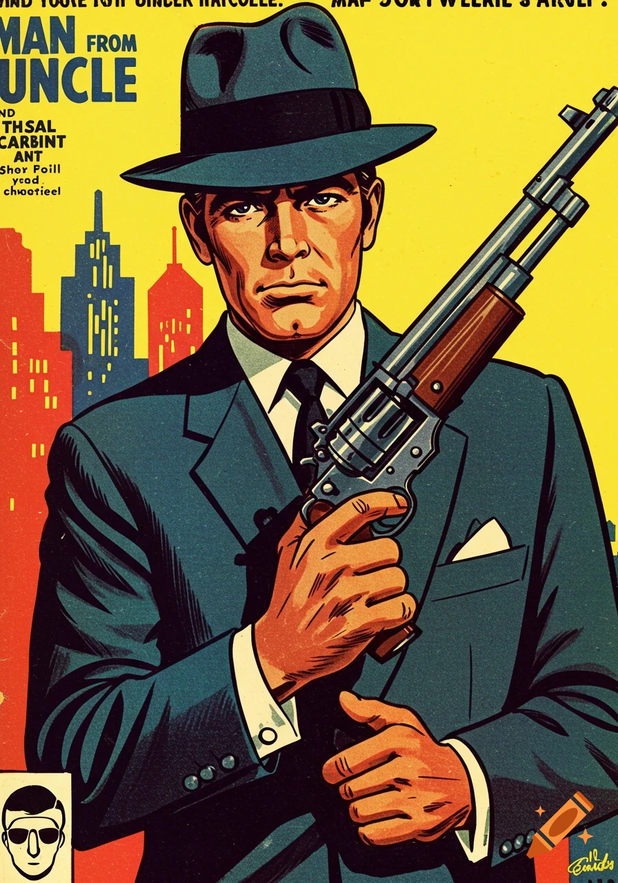Pulp art style illustration of a man in a suit and fedora holding a rifle, with a cityscape and magazine text in the background.