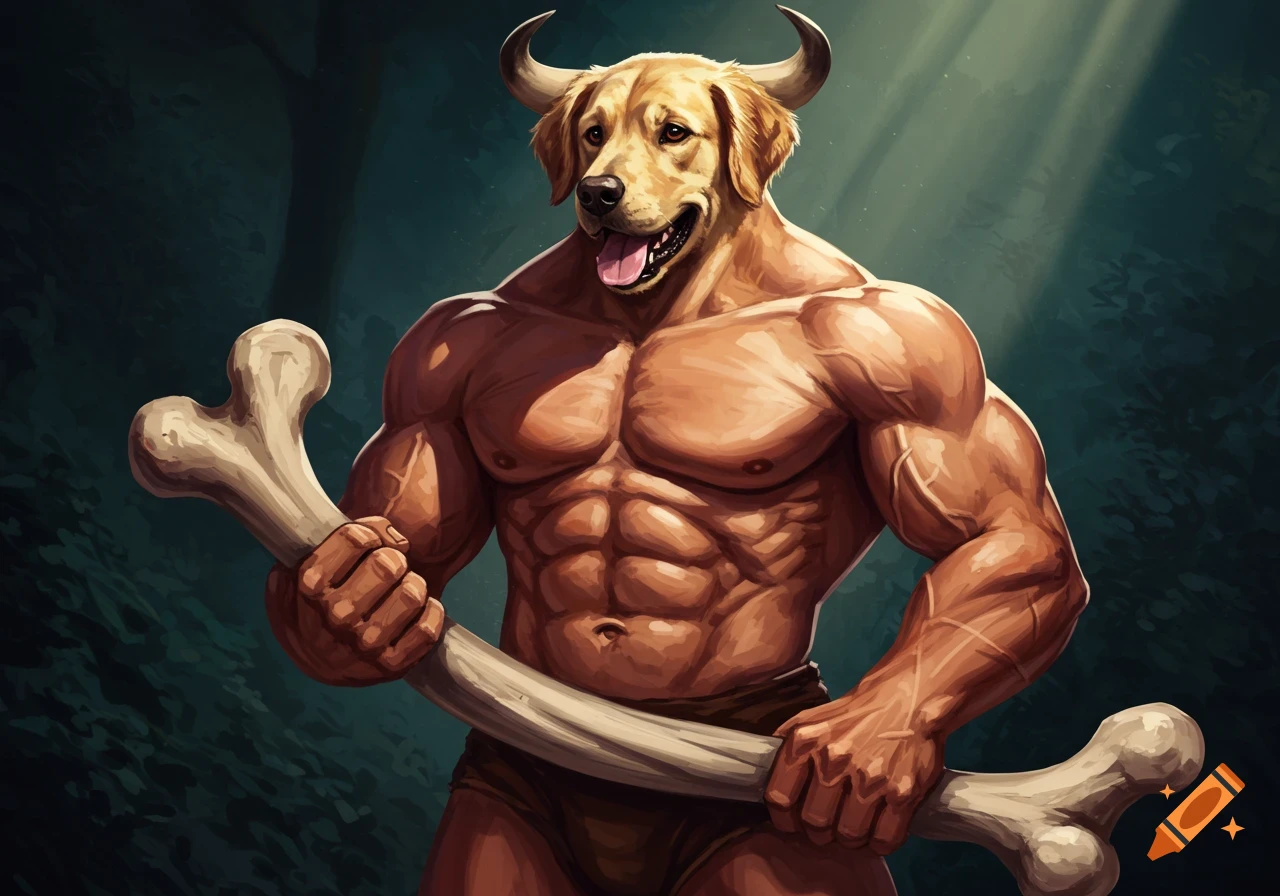 A muscular anthropomorphic golden retriever with horns, like a minotaur, holds a large bone in a forest.