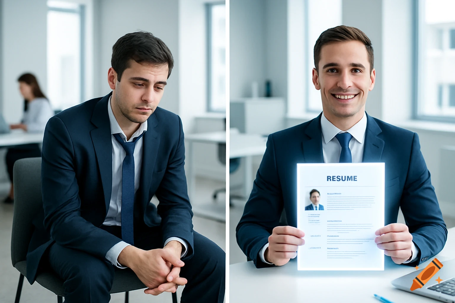 A diptych: a sad man in a suit on the left, and a smiling man holding a glowing resume on the right, in an office.