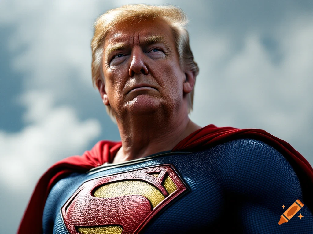 Photorealistic portrait of Donald Trump wearing a Superman costume and red cape, looking up with a determined expression against a cloudy sky.