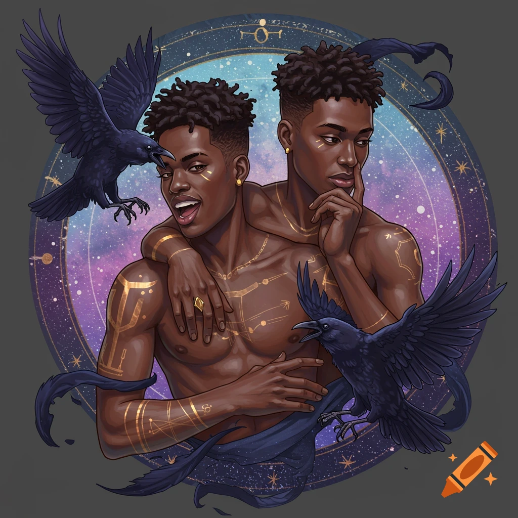 Stylized illustration of two Black male twins with golden astrological symbols on their bodies, flanked by ravens, against a cosmic background.