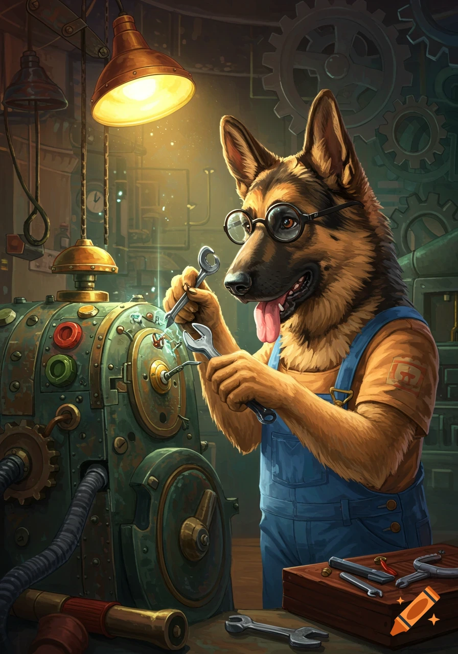 An anthropomorphic German Shepherd wearing overalls and glasses repairs a steampunk-style machine with wrenches under a bright lamp.