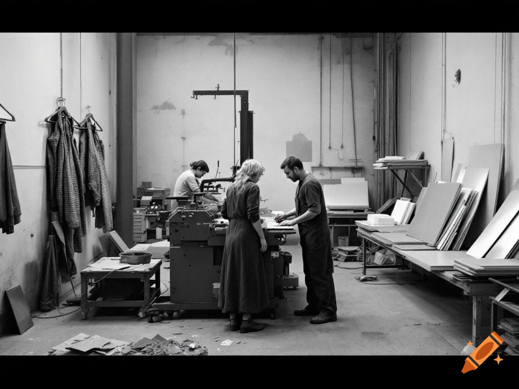 Black and white photo of three people working in a cluttered industrial workshop with machinery, tools, and materials.